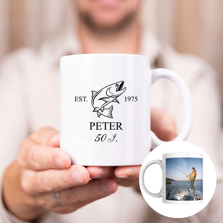 Tasse mit Aufdruck, Angeln