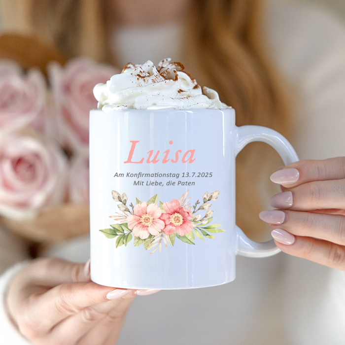 Tasse mit Aufdruck, Konfirmationsgeschenk