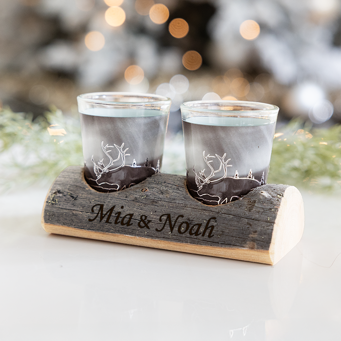 Schnapsgläser mit Keloholzständer und Gravur, Weihnachtsgeschenk