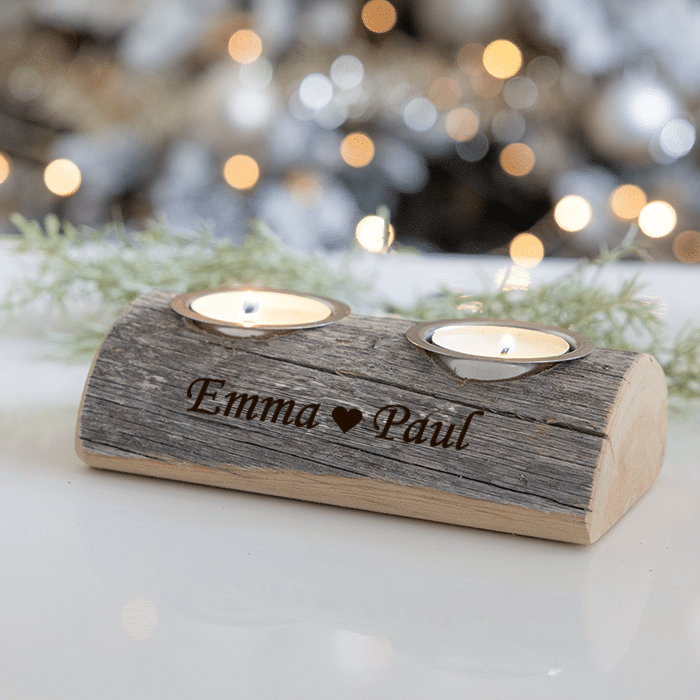 Teelichter im Kiefernholzständer mit Gravur